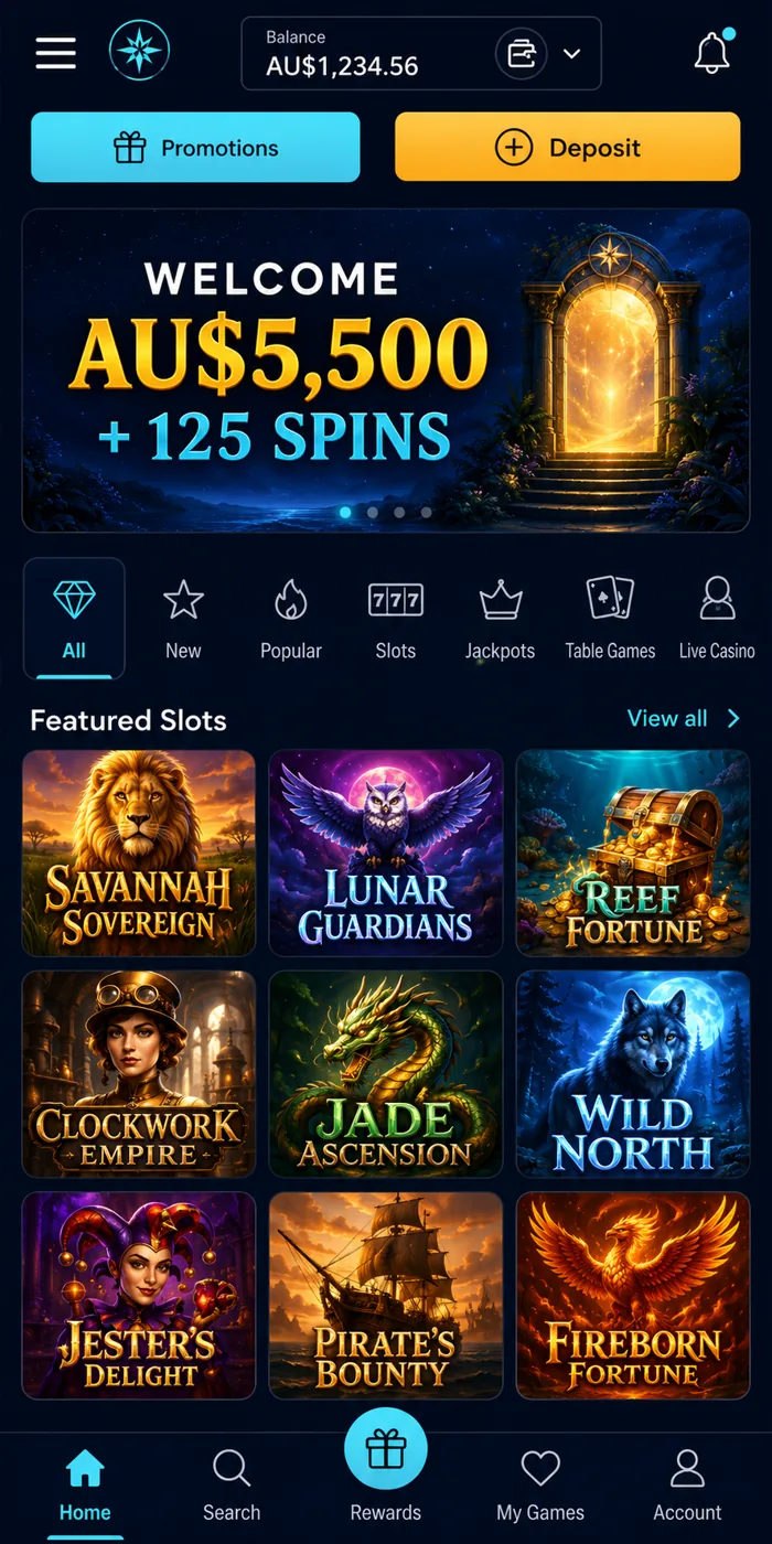 Wolf Winner Casino mobile lobby on a phone, showing the pokies grid and cashier