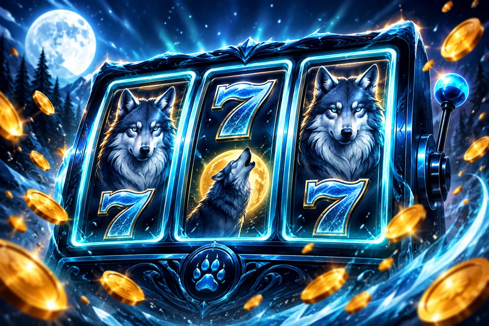 Wolf Winner Casino pokies: a glowing 777 slot machine with gold coins